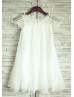 Short Sleeves Ivory Lace Chiffon Cute Flower Girl Dress